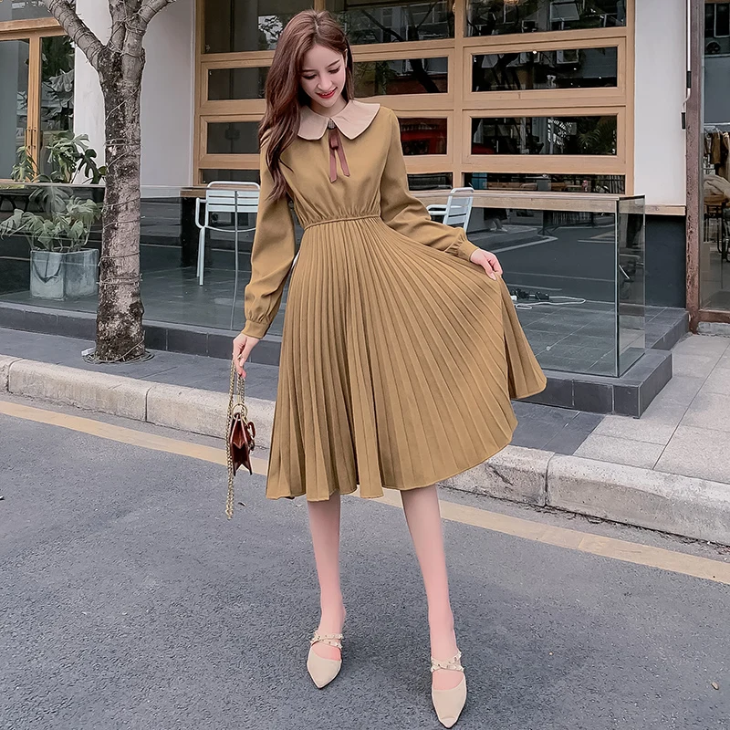 New Korean Version High Waist Bottom-knit Long Sleeve Vestito Donna Pleated Gorgeous Ladies Cute Design Summer Dress for Women