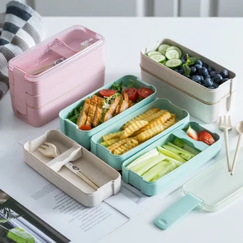 

900ml Portable Healthy Material Lunch Box 3 Layer Wheat Straw Bento Microwave Dinnerware Food Storage Container Foodbox
