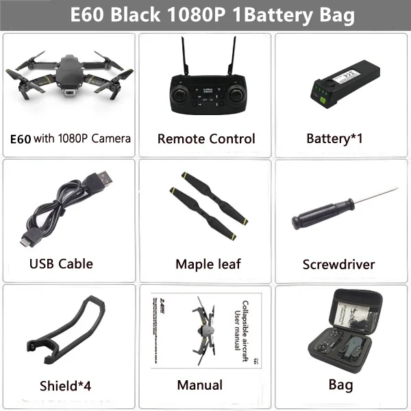 Дрон E60 RC с 4K HD камерой FPV Wi-Fi функция удержания высоты Selife Дрон складной Квадрокоптер Vs E58 E520 SG106 M69 дроны - Цвет: 1080P Black 1B Bag
