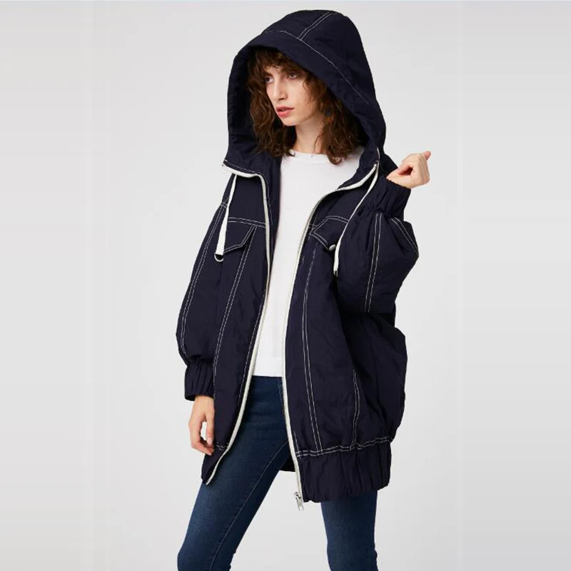 YR0025Navy Kjmyyx зимняя новая белая куртка на утином пуху Женская Длинная свободная куртка с капюшоном хит цвет линия плотное пальто - Цвет: YR0025Navy