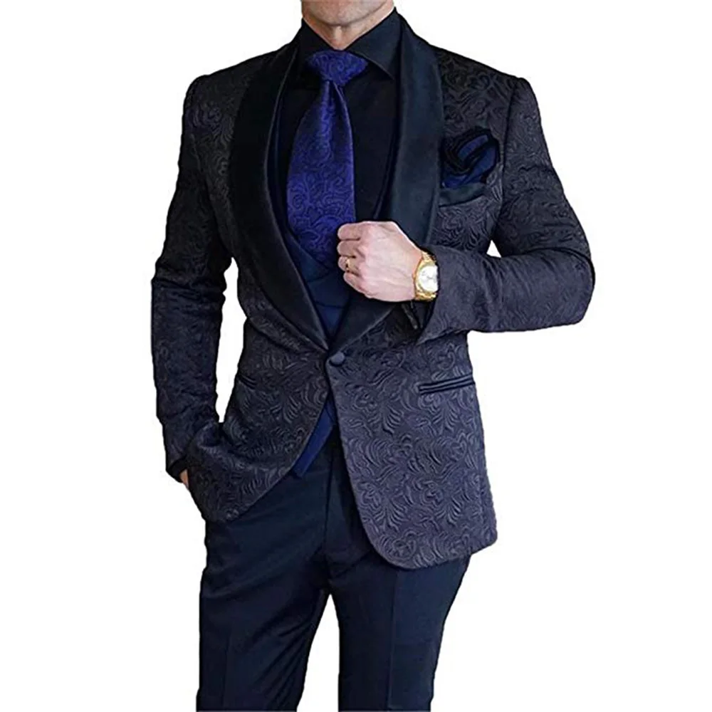 Костюмы мужские Повседневный тонкий костюм с принтом смокинг формальное платье свадебные костюмы для мужчин(куртки+ брюки - Цвет: Черный