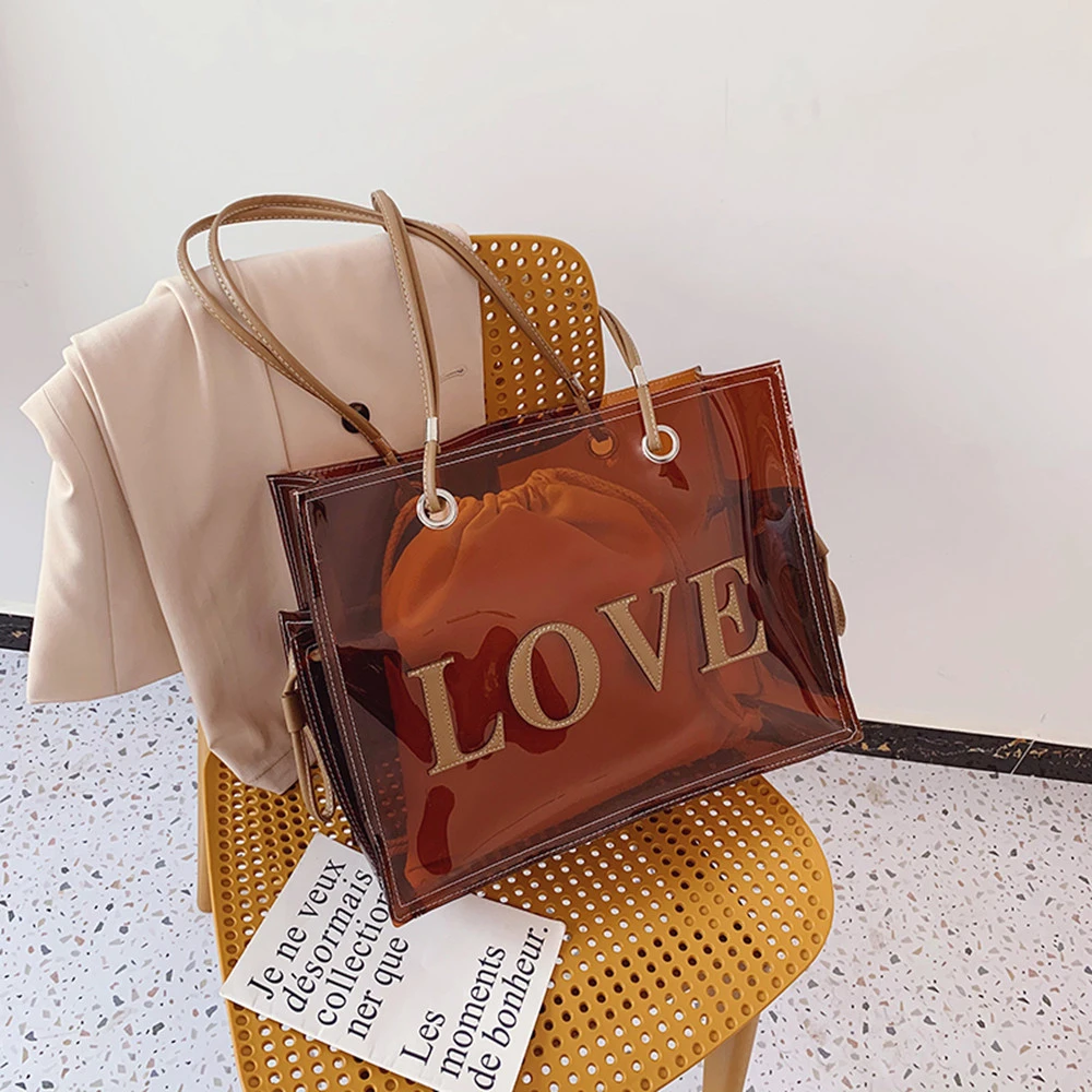 

2020 Fashion Casual Tote Woman PVC Summer Shoulder Bag Letter Transparent Bag Solid Color Soft Versatile Purses And Handbags Sac
