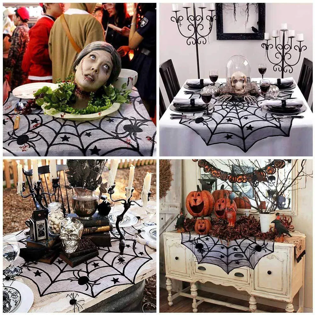 

Halloween Bat Spider Spider Web Black Lace Tablecloth Party Table Decoration Table Curtain Ne Nappe Rectangulaire Table #20