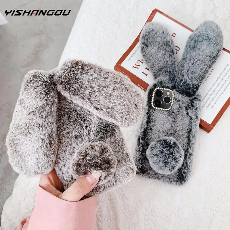 

Plush Warm Phone Case for iPhone 11 Pro Max XR X XS Max Rabbit Ears fluffy Fur Cover for iPhone 6 6s 7 8 Plus Furry Case Gifts