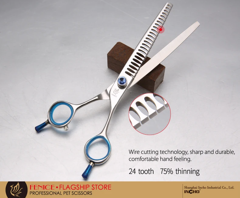 Fenice Professional blue 6.5 inch 6.75 inch 7.25 inch pet dog grooming scissors  thinning shears thinning rate 75%