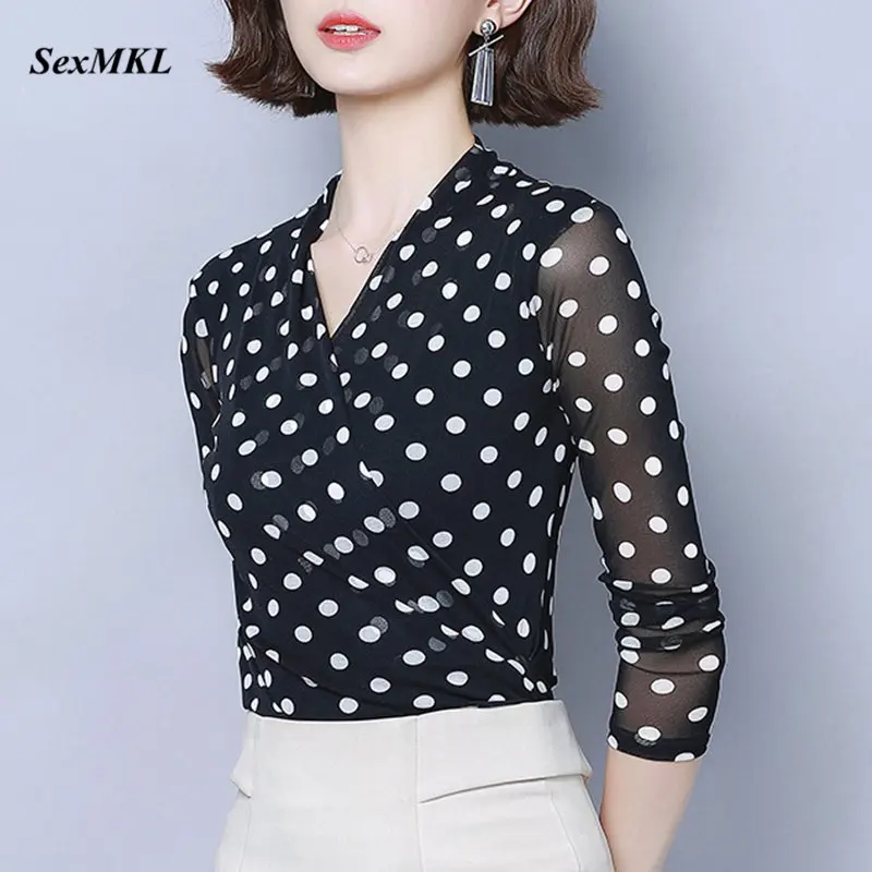 

Plus Size Women V Neck Tops and Blouses 2019 Casual Long Sleeve Polka Dot Print Blouse Sexy Office Ladies Casual Shirt Clothing