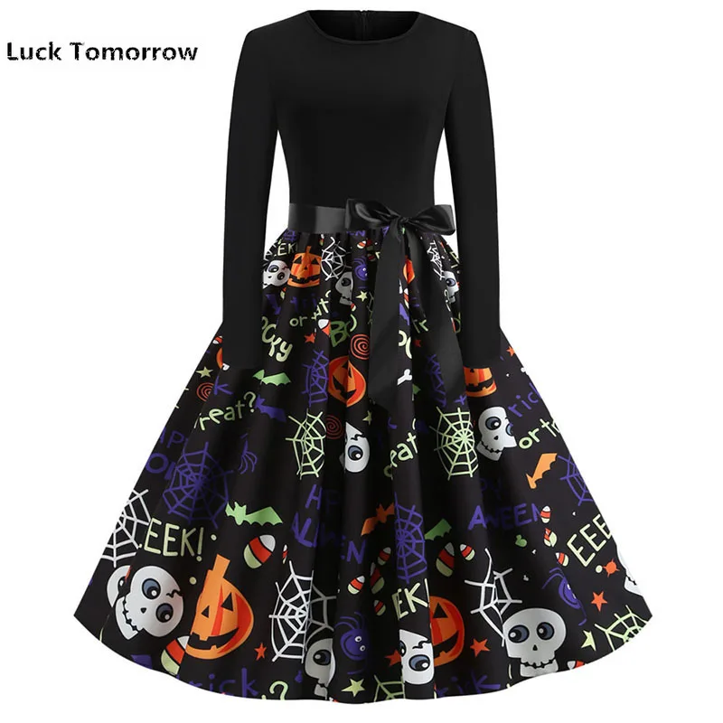 

Halloween Femme Automne Rockabilly Dress Long Sleeved Womens Winter Dresses Pinup Vintage 50 S 60 S Large Swing Vestido New