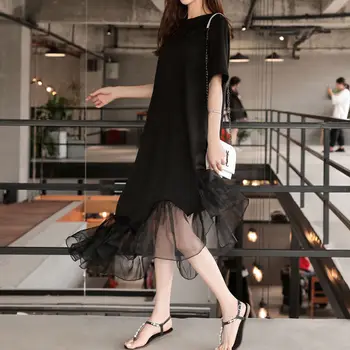

Plus Size Women's Clothing 2020 New Summer Dress Loose Korean Fashion Stitching Organza Casual Short Sleeve Shirt Dress Vestidos