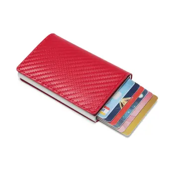 

Women Credit card holder carbon PU Leather Wallet Aluminum Automatic Mini Wallet With Back Pocket ID Card RFID Blocking purse