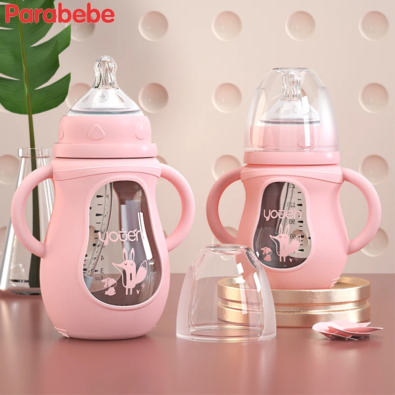 Baby Bottle Baby-Milk-Feeder-Set Glass Silicone Cute 