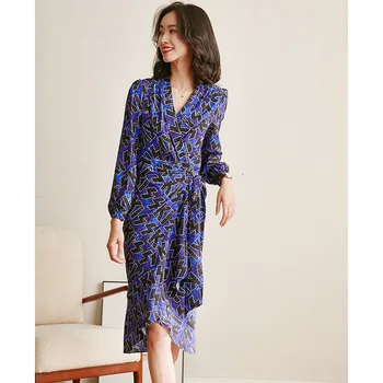 

Silk fishtail dress women silk wrap dress 2020 spring summer irregular print V-neck dress female thin blue fashion elegant dress