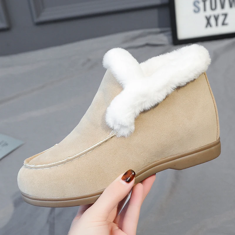 Fashin Ankle Boots For Women Suede-leather Boots Fur Shoes Warm Winter Slip-on Comfortable and Light Snow