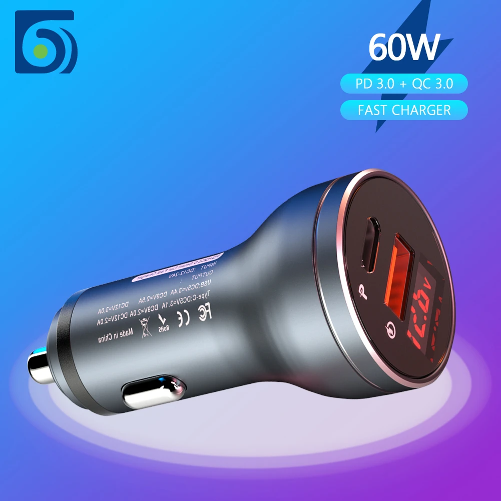 60W Car Charger USB PD 3.0 Fast Charger With QC 4.0 Quick Charge Type C PD Charger For iPhone 12 For Samsung Huawei Xiaomi