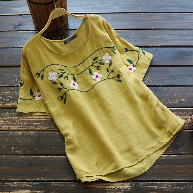 ZANZEA летняя винтажная блузка с вышивкой, женские хлопковые льняные Топы с коротким рукавом, Женские однотонные блузы, Повседневная Рабочая Рубашка, Femininas - Цвет: Цвет: желтый