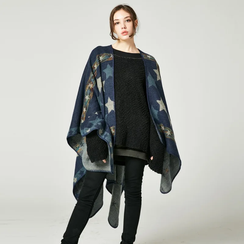 

Hodisytian Winter Autumn Women Cloak Poncho Wool Cashmere Capes Shawl Cloak Clasp Vintage Pashmina Stars Print Scarf Oversize