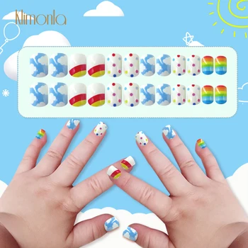 

24Pcs Child Makeup Toy Nail Toy Fake Nails False Nail Tips Manicure Blue Rainbow white cloud pattern Children Nail DIY Creative