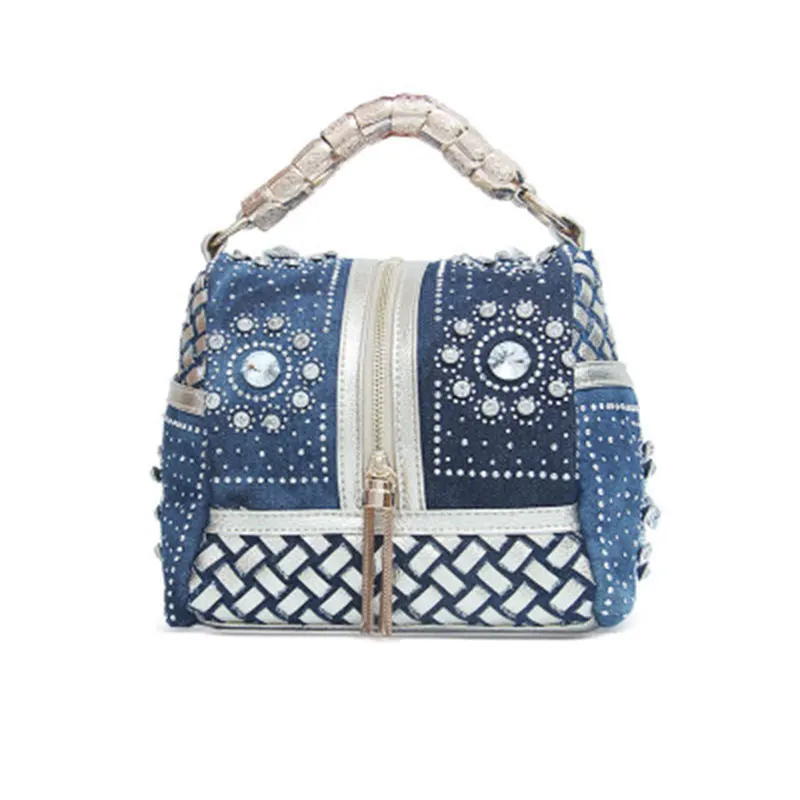 

Women's Denim with Weave Hand-inlaid Rhinestone personality Handbag OL Fashion Cosmetic Bag for Party Office Daily