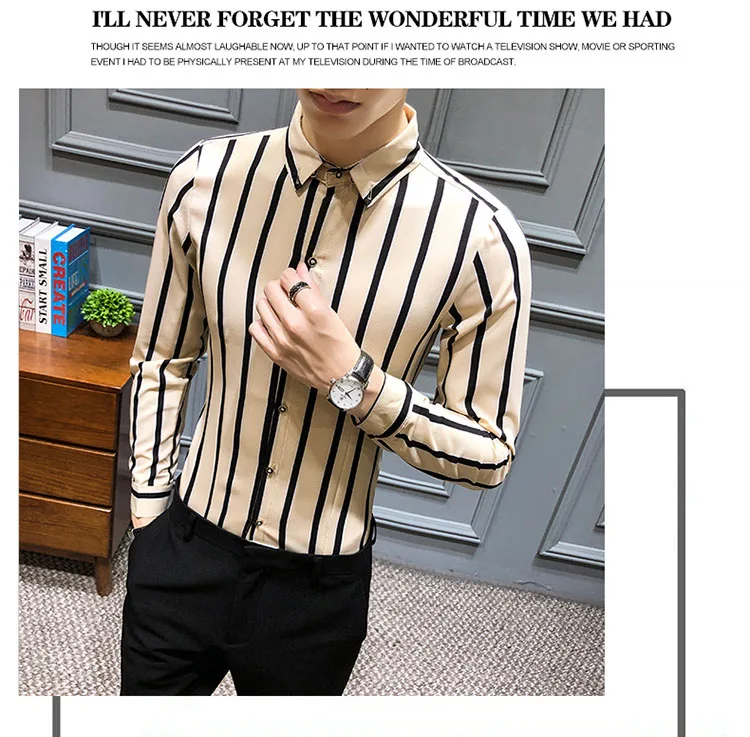 Korean Streetwear Fashion Men's Casual Shirt Slim Fit Men's Casual Striped Shirt Long Sleeve Party Social Shirts Men Male Camisa