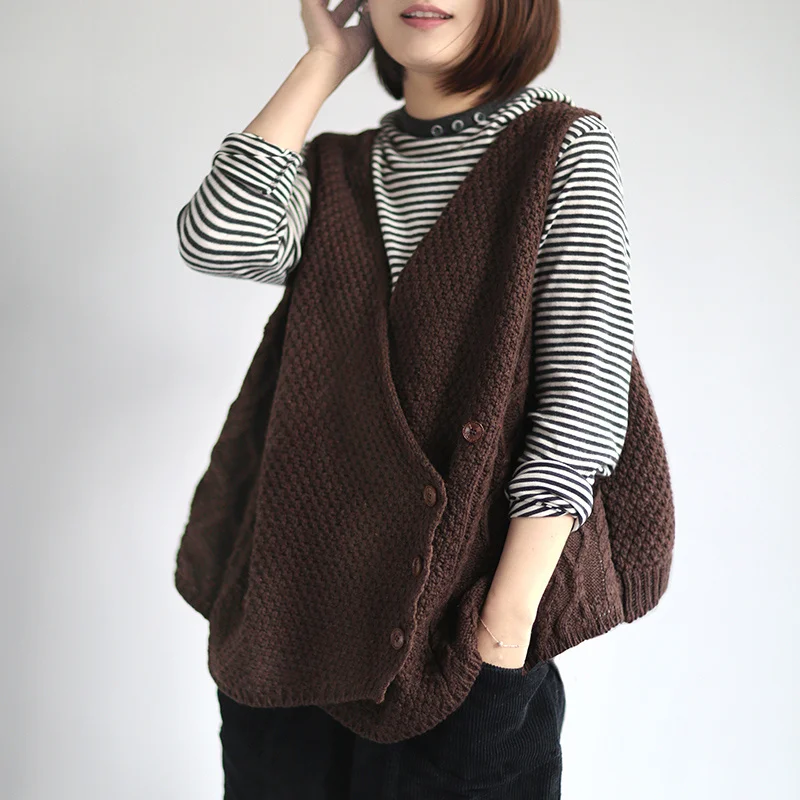 

Women Vintage Elegant Knitted Vests Coats 2019 Spring New Solid Color Button Casual Womens CoatCloths Loose Vests Chinese Style