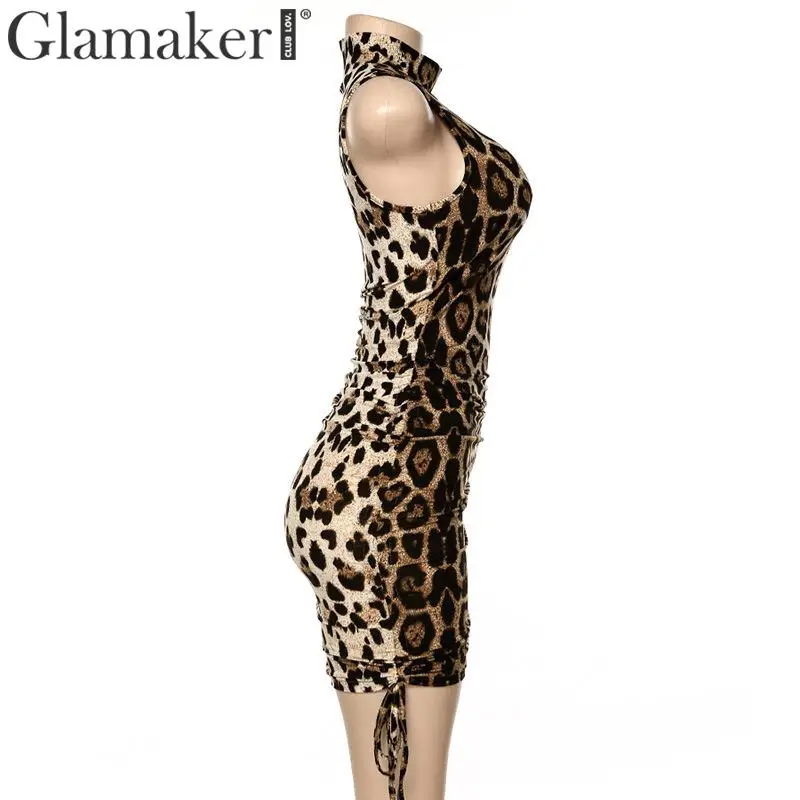 Glamaker, леопардовое, животный принт, плиссированное женское платье, элегантное, на завязках, без рукавов, короткое, облегающее, летнее, сексуальное, вечерние, Клубное платье
