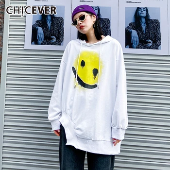

CHICEVER Print Smiley Hit Color Sweatshirt Women Hooded Long Sleeve Oversize Loose Asymmetric Sweatshirts Female 2020 Fashion