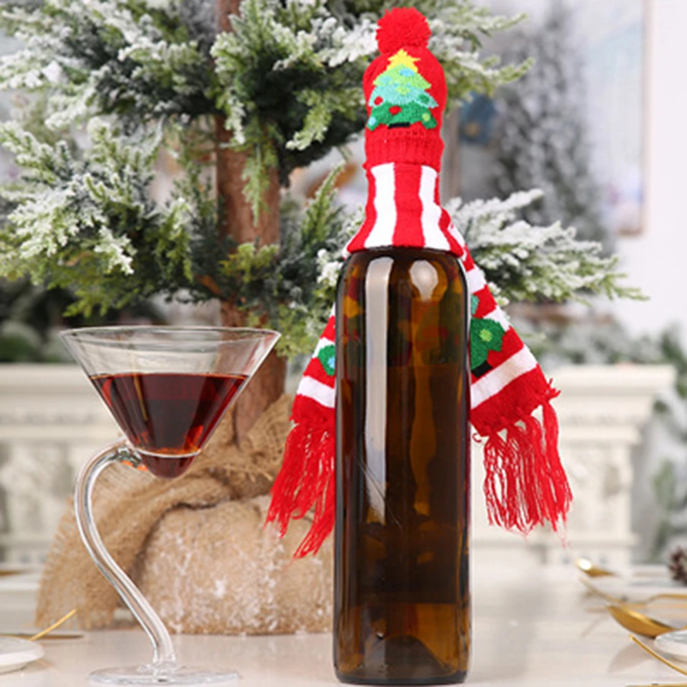 Рождественский вязаный шарф и шляпа Набор шампанское красное вино бутылка Посуда украшения для дома Санта Клаус шляпа с Рождеством