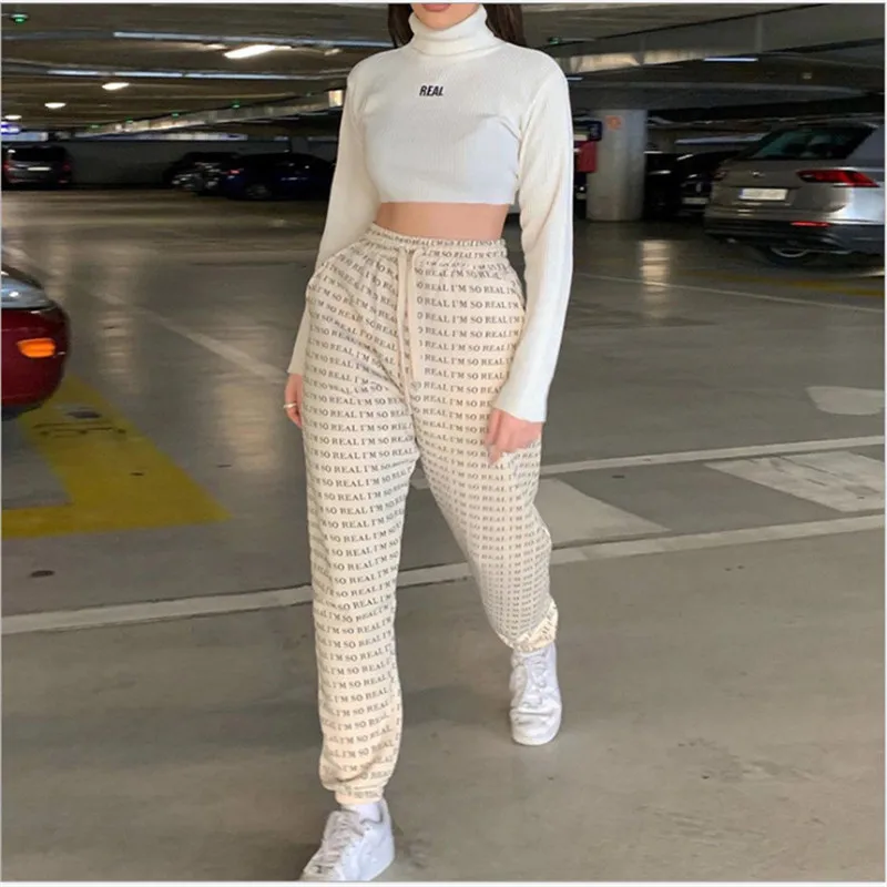 

Women's Letter Printed High-waisted Trousers Elasticated Wide Loose Pencil Pants Ladies Lace-up Jogging Pants Street Wear