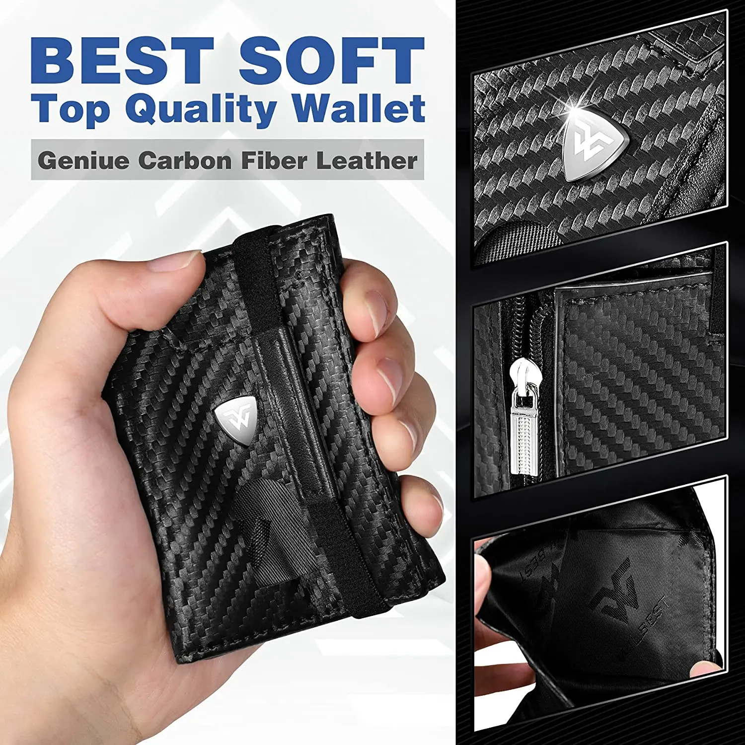 Mini Small Card Holder Wallets Men Slim Carbon Leather Purse RFID Card Case Zip Coin Compartment Black