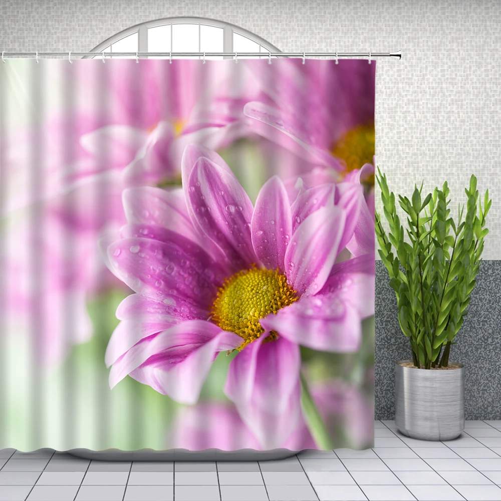 

Pink Floral Shower Curtains Spring Flower Plant Bathroom Decor Home Bath Waterproof Polyester Cloth Hanging Curtain Set Cheap