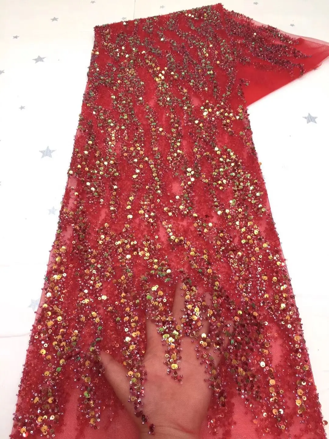 Ткани с блестками Net кружево Красный 3d цветок вышивка последовательность