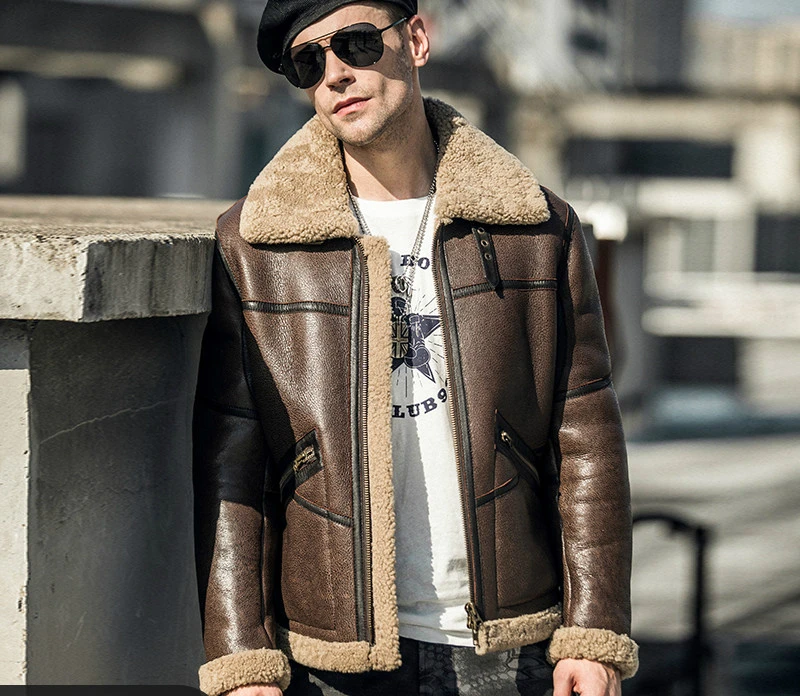 

Fur one New Men Genuine Leather Jacket High Quality Shearling Lining Sheepskin Flight Jacket Men's Short Winter Leather Coat