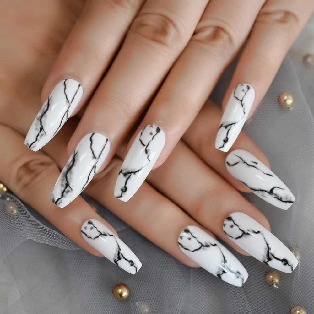 White Black Gradient Marble Press On False Nails Extra Long Ballerina Coffin Gel Glue On Fake Fingersnails Extention Tool False Nails Aliexpress