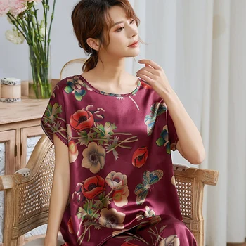 

Summer Flower Print 110KG Women Silk Pajamas Set Cropped Pant Short Sleeve Pyjamas Grace O Neck Large Size Pajama Set L-5XL 4006