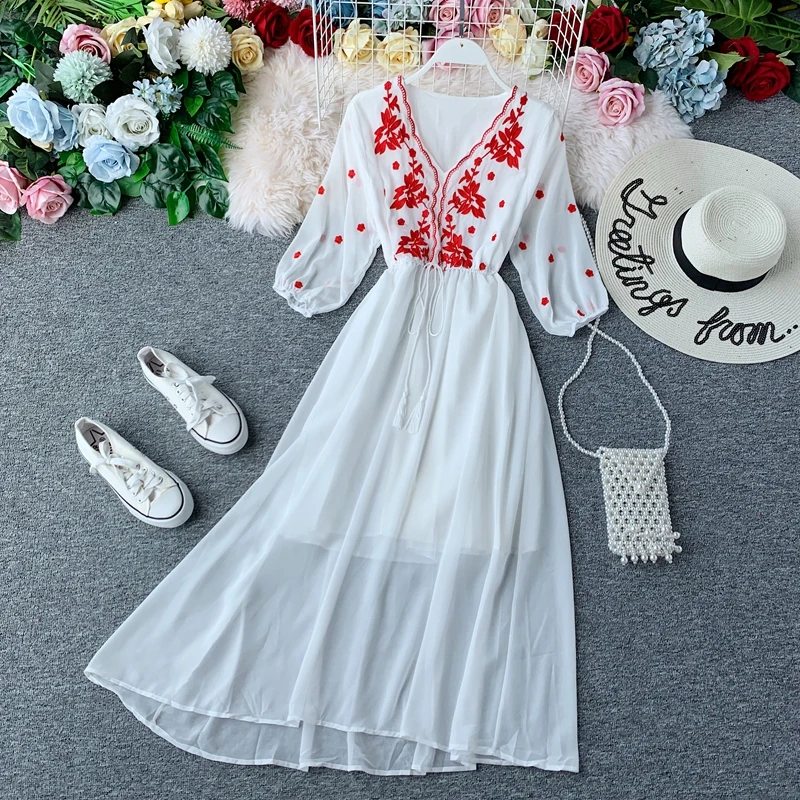 

Red Beach Dress Women Tourism Sanya Seaside Holiday Thin V-neck Embroidery Elegant Vintage Vestidos Verano J512
