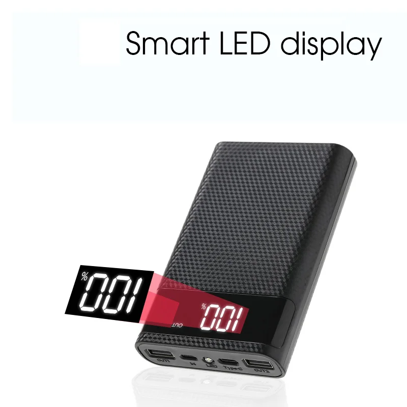 Power Bank Case Dual USB Micro USB Type C DC 5V DIY 6*18650 Battery Charge Storage LED Display Flashlight