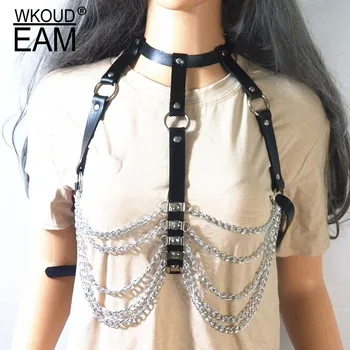 

WKOUD EAM 2020 New Metal Chain PU Leather Corset Belt For Women Punk Causal Bondage Chest Belly Chain Female Tide PF495