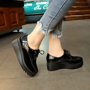 

New Women Shoes Patent Leather Pumps Wedges Lace Up Ladies Sewing Classic Round Toe Fashion Autumn Female Casual Footwear