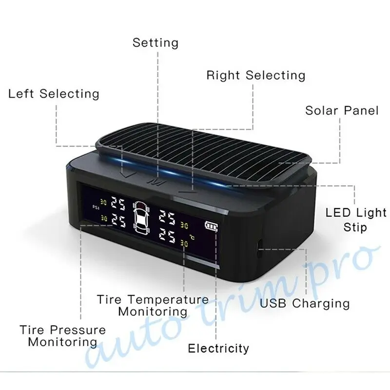 Система контроля давления в шинах TPMS с 4X беспроводными внешними датчиками, датчик солнечного давления в шинах, детектор в реальном времени