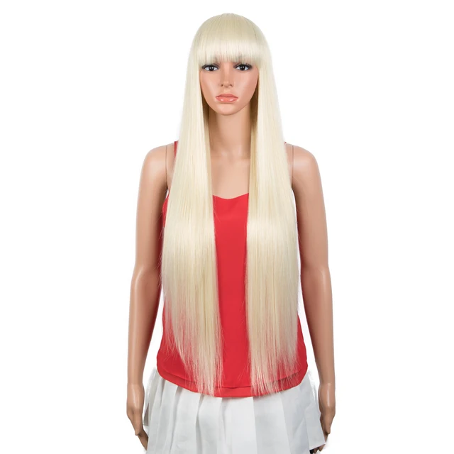 FASHION IDOL Synthetic Wig With Bangs 36 Inch Long Straight Wig Cosplay Ombre Blond Wigs For Black Women Heat Resistant Fiber #613