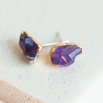 

Dainty Gold Amethysts Point Studs Unique Irregular Raw Crystal Earrings Woman February Birthstone Jewelry Anniversary Gift