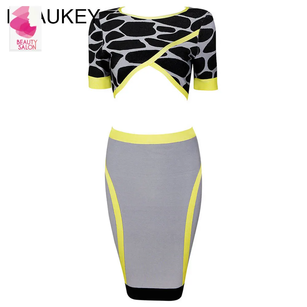 

2 Piece Bandage Sexy Women Set Half Sleeve Leopard Print Crop Top And Bodycon Grey Skirt