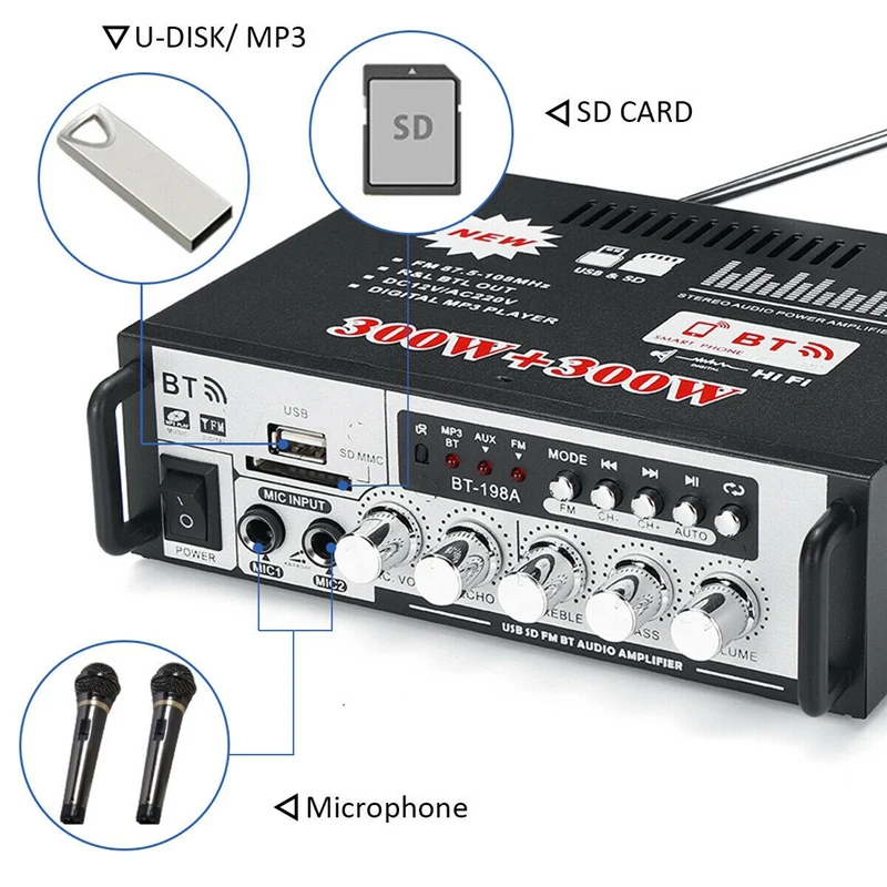 600 Вт Bluetooth усилитель мощности бас стерео аудио HIFI усилитель SD FM USB для домашнего кинотеатра/автомобиля EU штекер