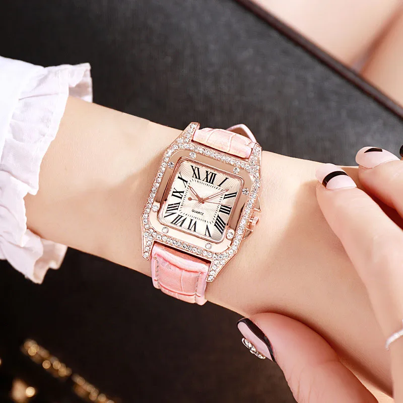 pink Женские часы с бриллиантами, Звездные роскошные часы с браслетом, женские повседневные кварцевые наручные часы с кожаным ремешком, женские часы zegarek damski - Цвет: pink
