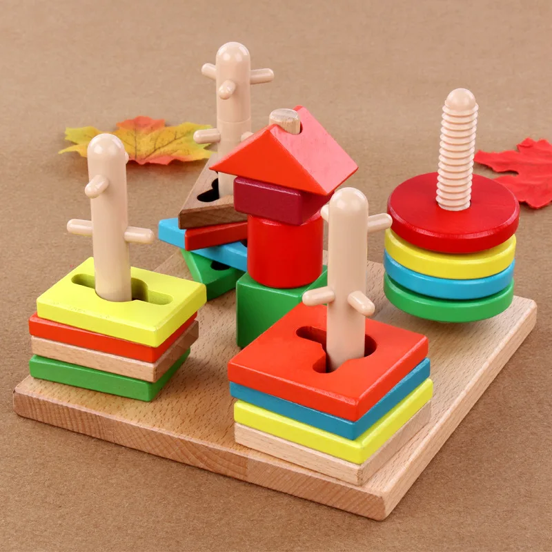 

Wooden Multi-Wisdom pan cai Five Case Column Building Blocks Baby Geometric Shapes Cognitive Children Matching Toys