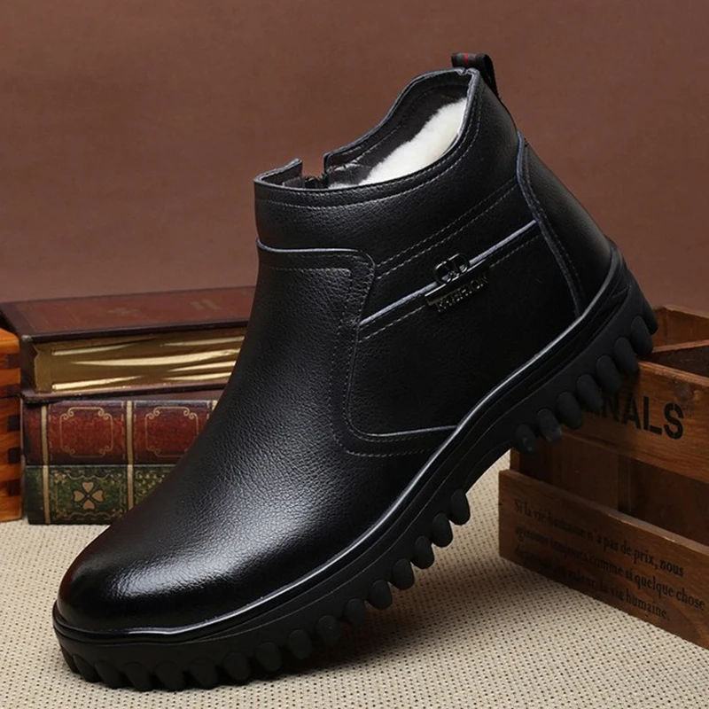 

Winter Wool Men's Boots Leather Warm Leisure Shoes British Round Toe Short Plush Ankle Boots Sheep Fur Plus Large Size 11 12 13