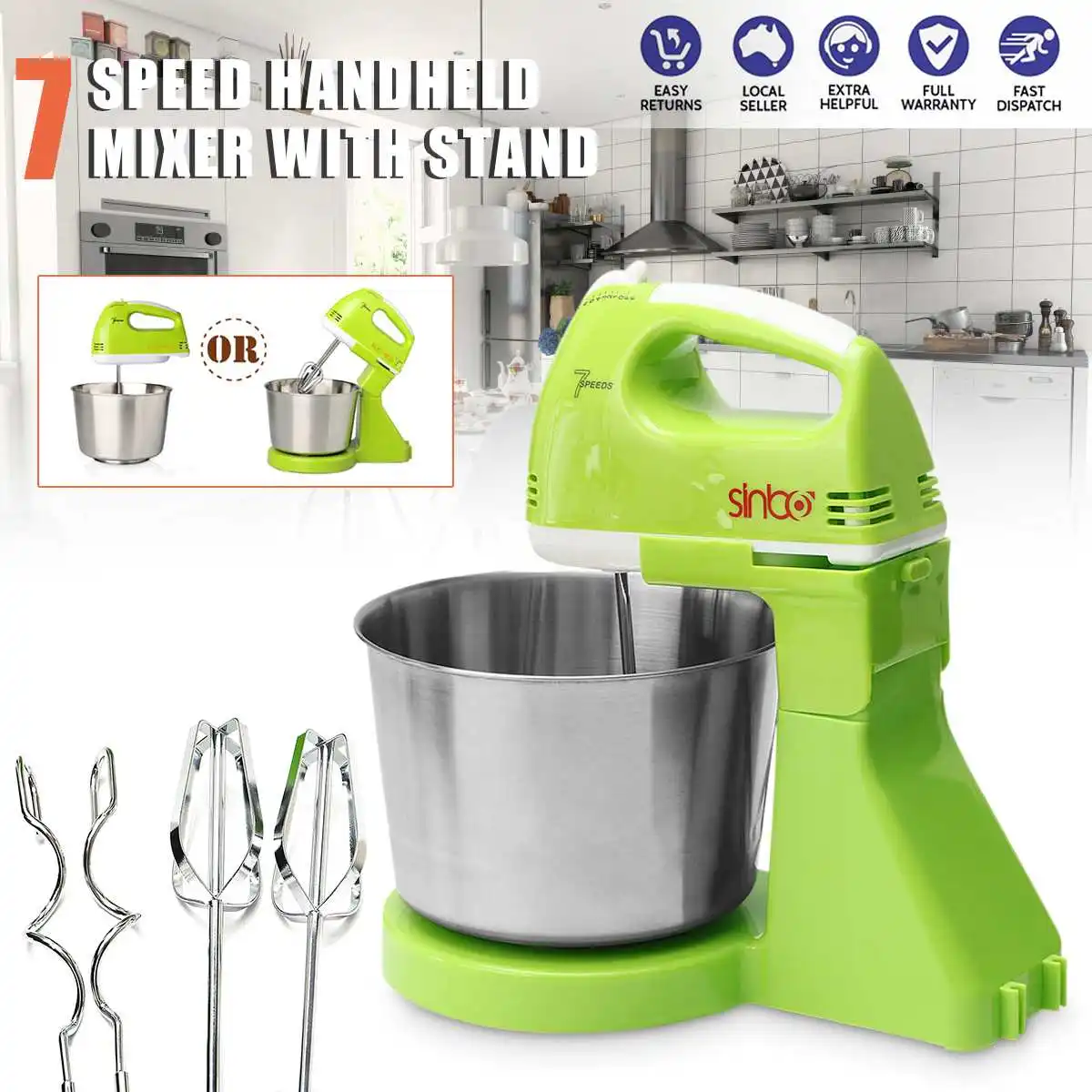 

Electric Stainless Steel Hand-held Food Mixer Multi-function 7-Speed Adjustment Eggbeater Cream Flour Bread Mixer Cooking Tools