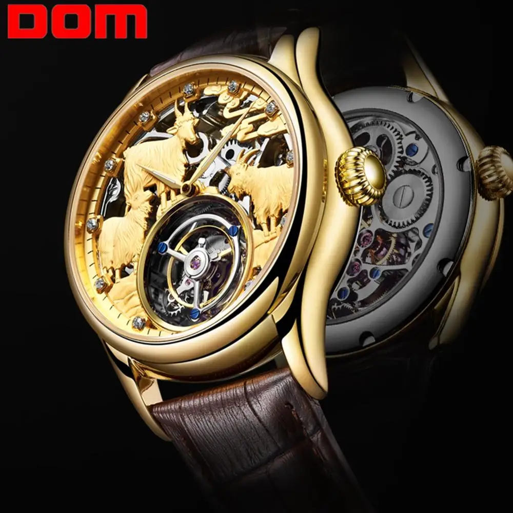 DOM Tourbillon часы для мужчин Топ бренд класса люкс водонепроницаемый кожаный Скелет