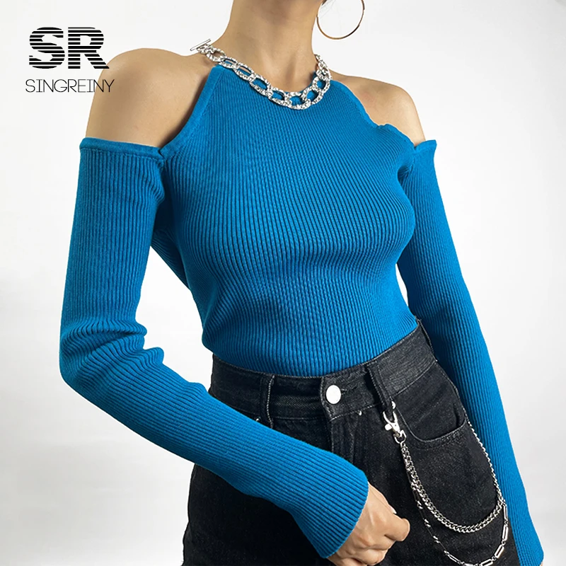 cardigan sweater SINGREINY 2021 Autumn knitted Sweater Women Long Sleeves Basic Knit Tops Off the Shoulder Sexy Pullovers Chain Diamond Sweaters red sweater