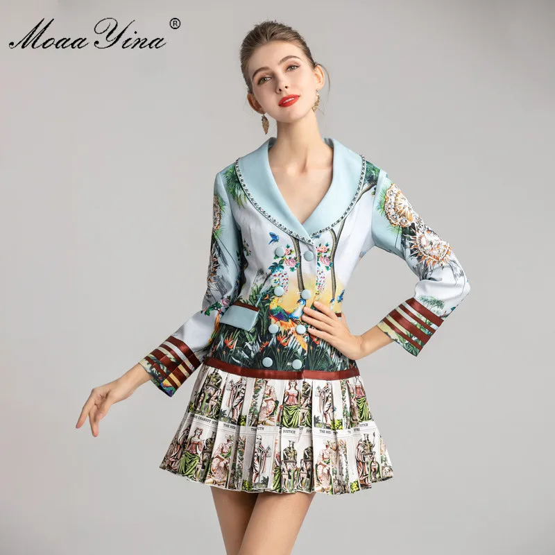 Wholesale Price DXJqy MoaaYina Fashion Designer dress Spring Autumn Women's Dress Long sleeve Print Beaded Double breasted Pleated Dresses