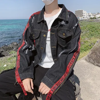 

Autumn new men's jacket trend fashion denim coat hole handsome jacket